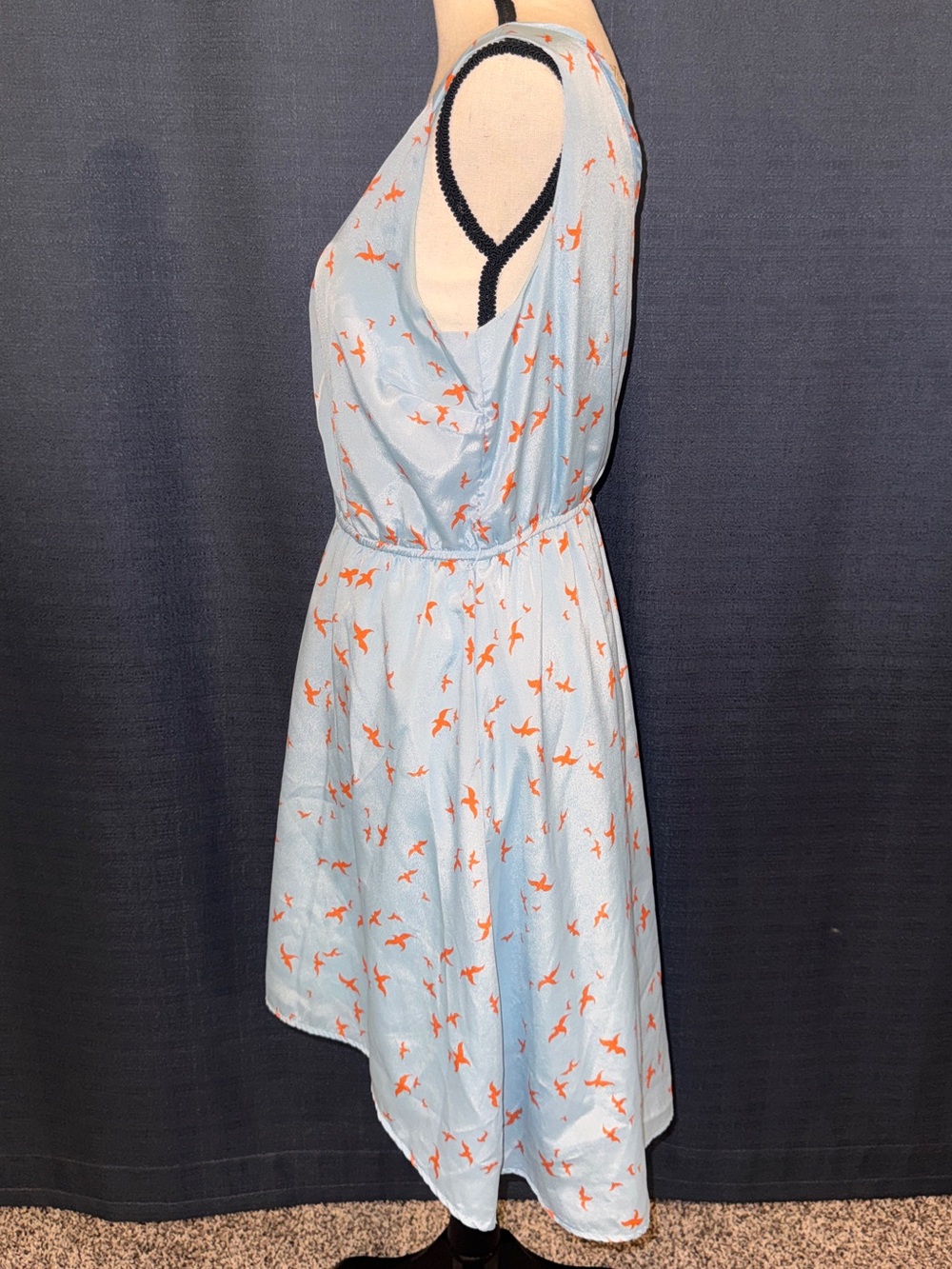 Olive & Oak Light Blue Sleeveless V-Neck Mini Dress with Orange Bird Print - Picture 2 of 10